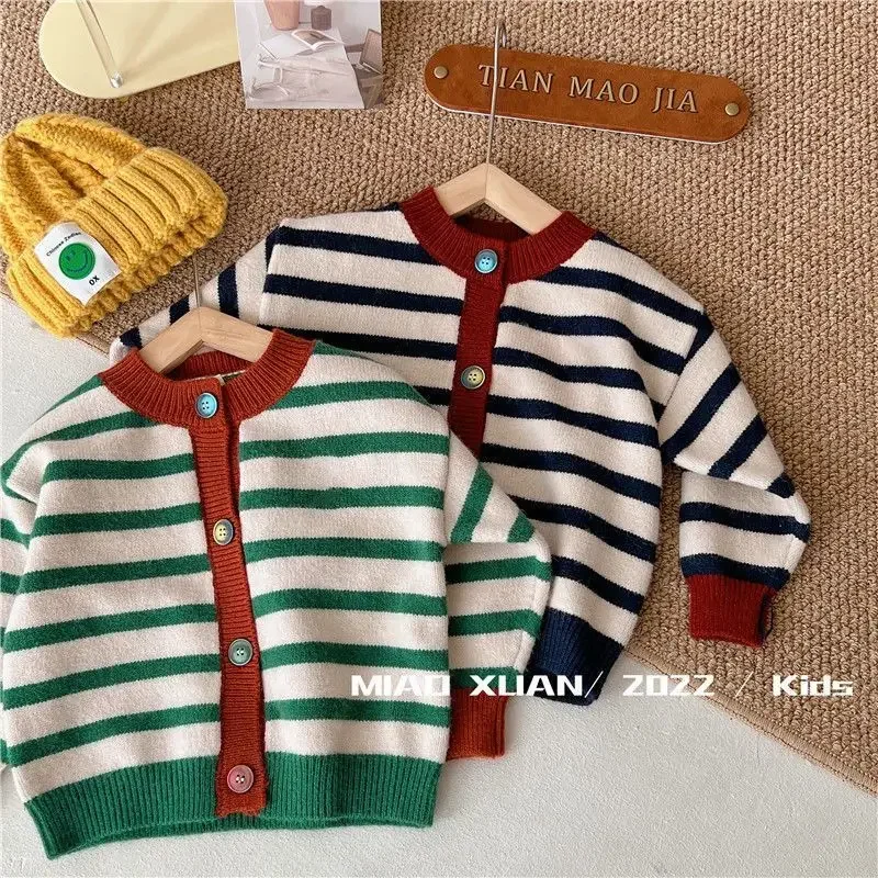 

Girls' Spring and Autumn Knitted Sweaters Cardigan Children's Baby Round Neck Striped Sweater Top Coat