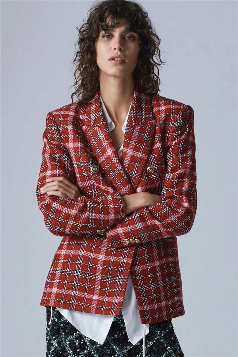 Blazer scozzese in Tweed rosso vestito da donna colori a contrasto Blazer scozzese da ufficio doppiopetto 2023 primavera autunno vestito Casual di