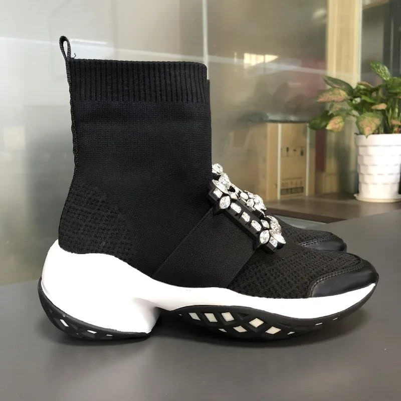 ファッションデザイナーの女性用靴高級ラインストーンチャンキー - Sock Boot Women のレビューと価格