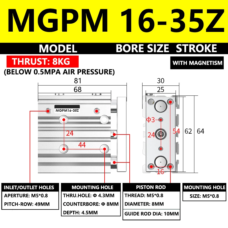 ABILKEEN MGPM16-35Z MGPM Series Pneumatic Compact Guide Cylinder 16MM Bore X 35MM Stroke Thin Three Axis Three Rod Air Cylinder