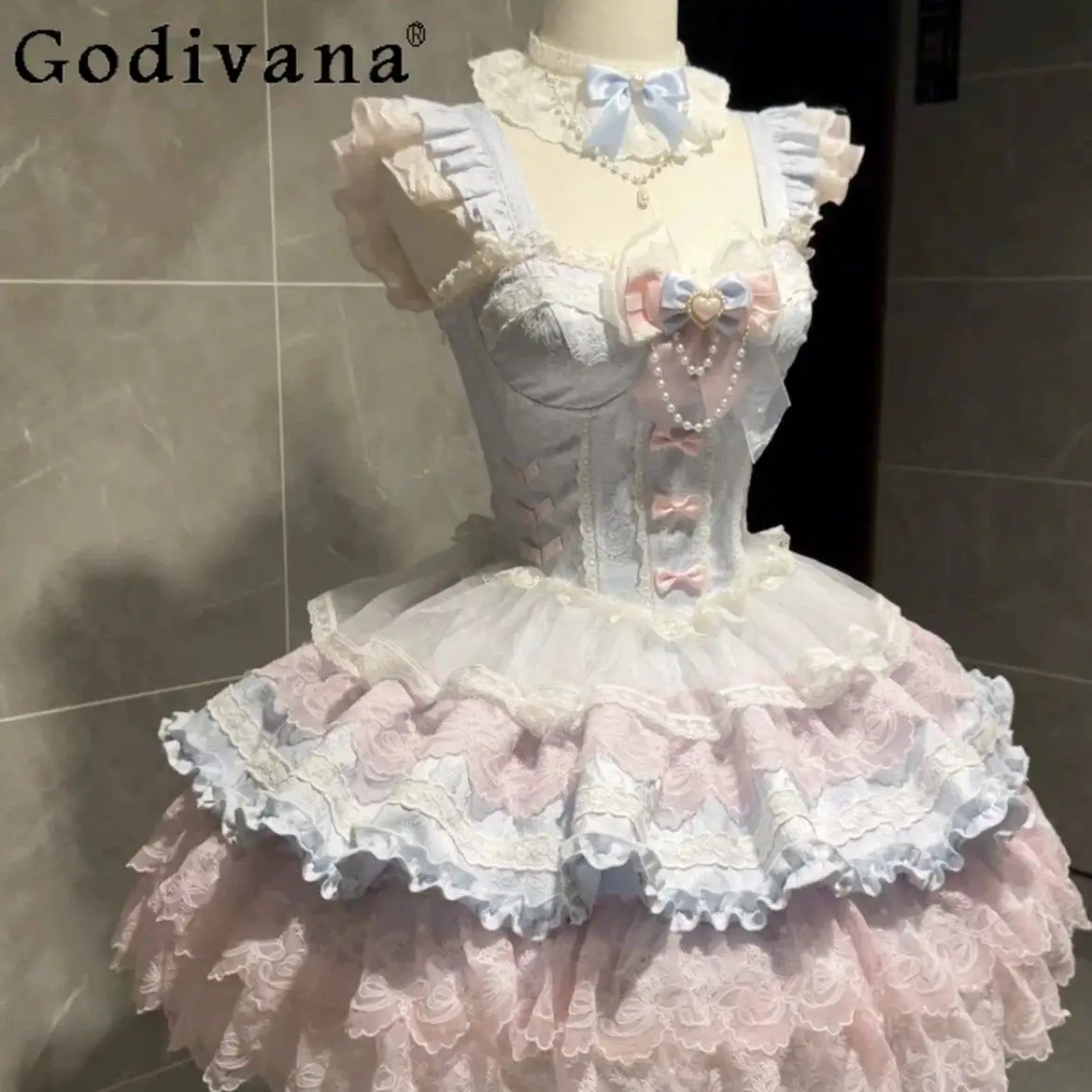 

Lolita Blue Pink Dress for Women Summer New Sweet Elegant Lace Bow Girls Short Suspenders Dress Jsk Princess Dress Vestidos