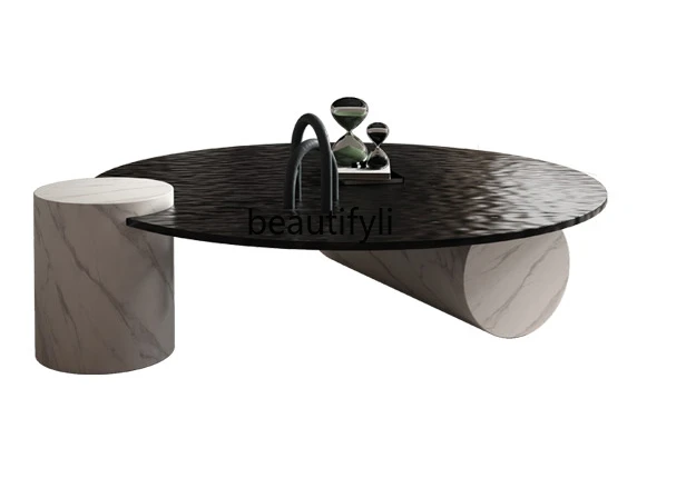 Light Luxury Modern Water Ripple Glass round Coffee Table Model Room Stone Plate Tea Table after Silent Wind