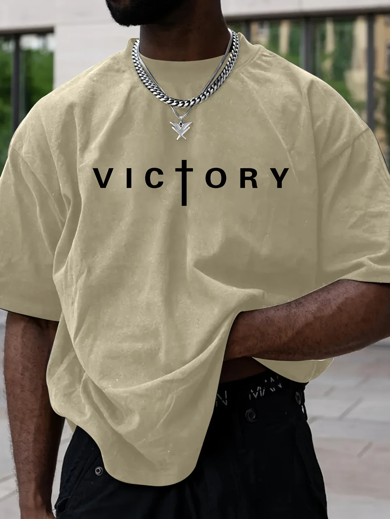 Men's Summer Fashion Victory Print Sporty Casual Short-Sleeved T-Shirt, Outdoor Leisure Sports Men's Versatile Top