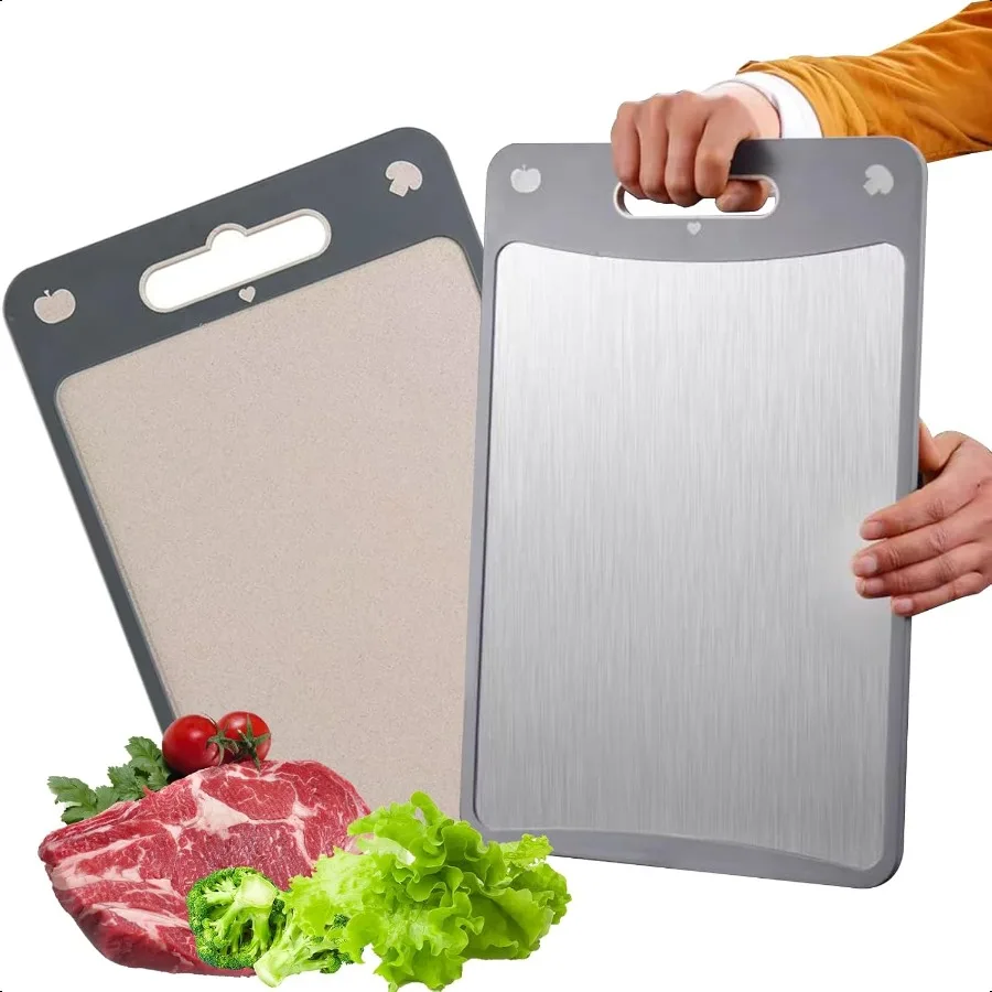 

Разделочная доска Двусторонние разделочные доски для мяса Разделочная доска из нержавеющей стали 304 для кухни Нержавеющая сталь и пшеничная солома PP Easy
