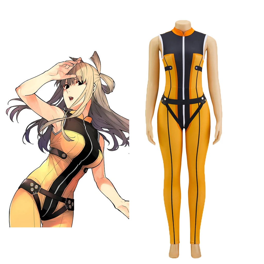 Go Go Loser Ranger Yumeko Suzukiri Cosplay Costume Yellow Combat Jumpsuit with Belt Full Set Halloween Bodysuit Costume