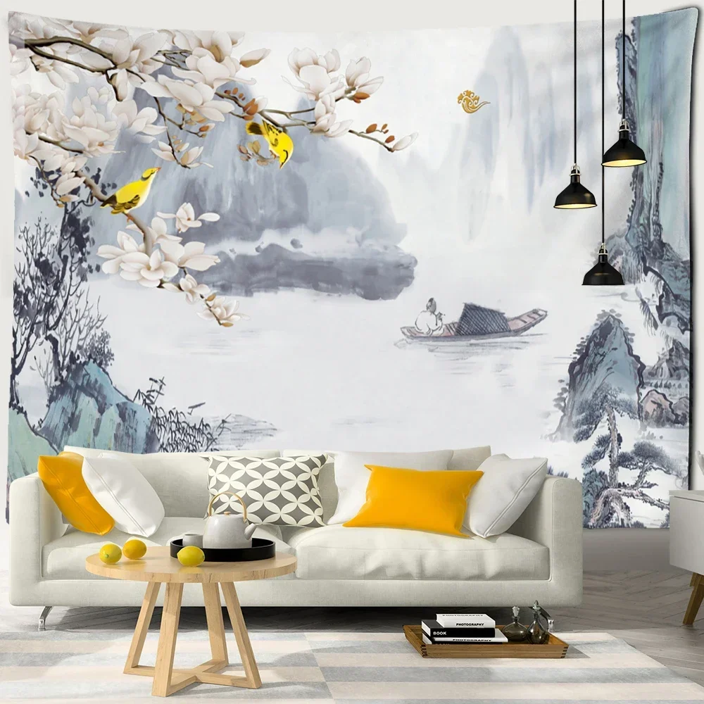 Flower and Bird Figures Landscape Painting Tapestry Wall Hanging Aesthetic Room Home Room Living Room Decoration Hanging Curtain