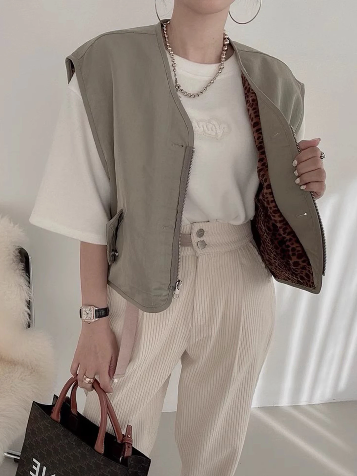 

Двусторонний жилет с леопардовым принтом в стиле ретро, женский свободный топ на молнии с мехом ягненка, модный спортивный жилет для поездок на работу