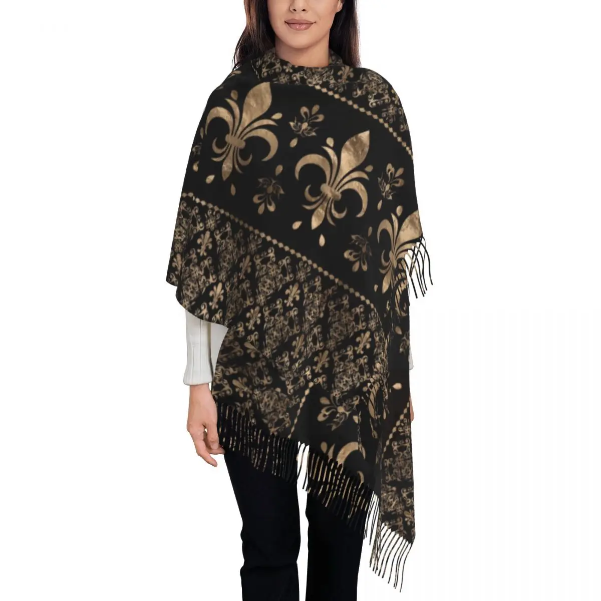 

Customized Luxury Black And Gold Fleur De Lys Scarf Men Women Winter Fall Warm Scarves Lily Floral Fleur-de-Lis Shawls Wraps