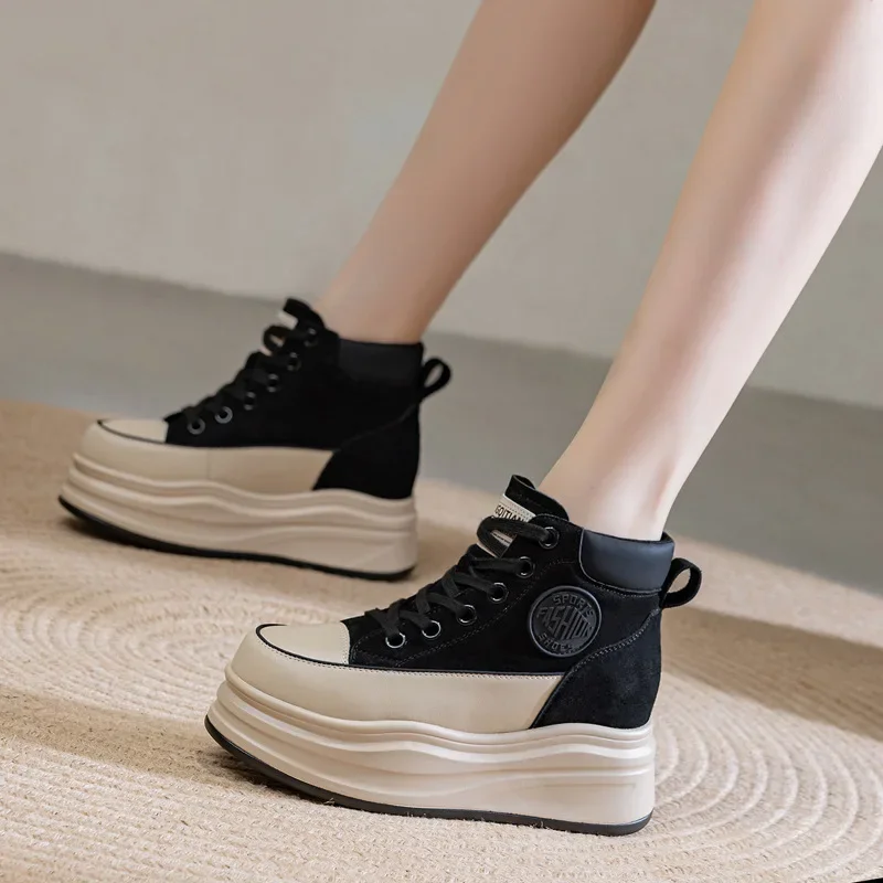 

Genuine Leather Shoes Women Fashion Sneakers Flat Platform Height Increasing 8cm Breathable Ladies Brand Black Shoes DX696