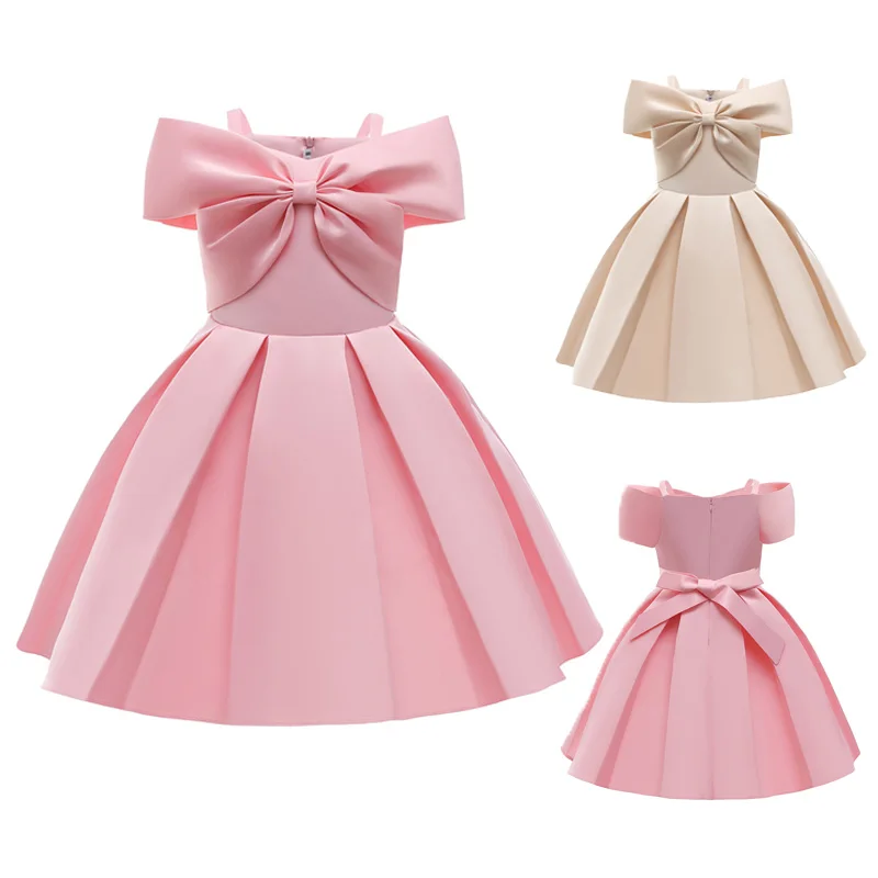 

Birthday Girls Dresses Children Bow Gown Toddler Summer Fashion Clothing Kids Solid Color Pink Party Dresses 3-10 Years Old