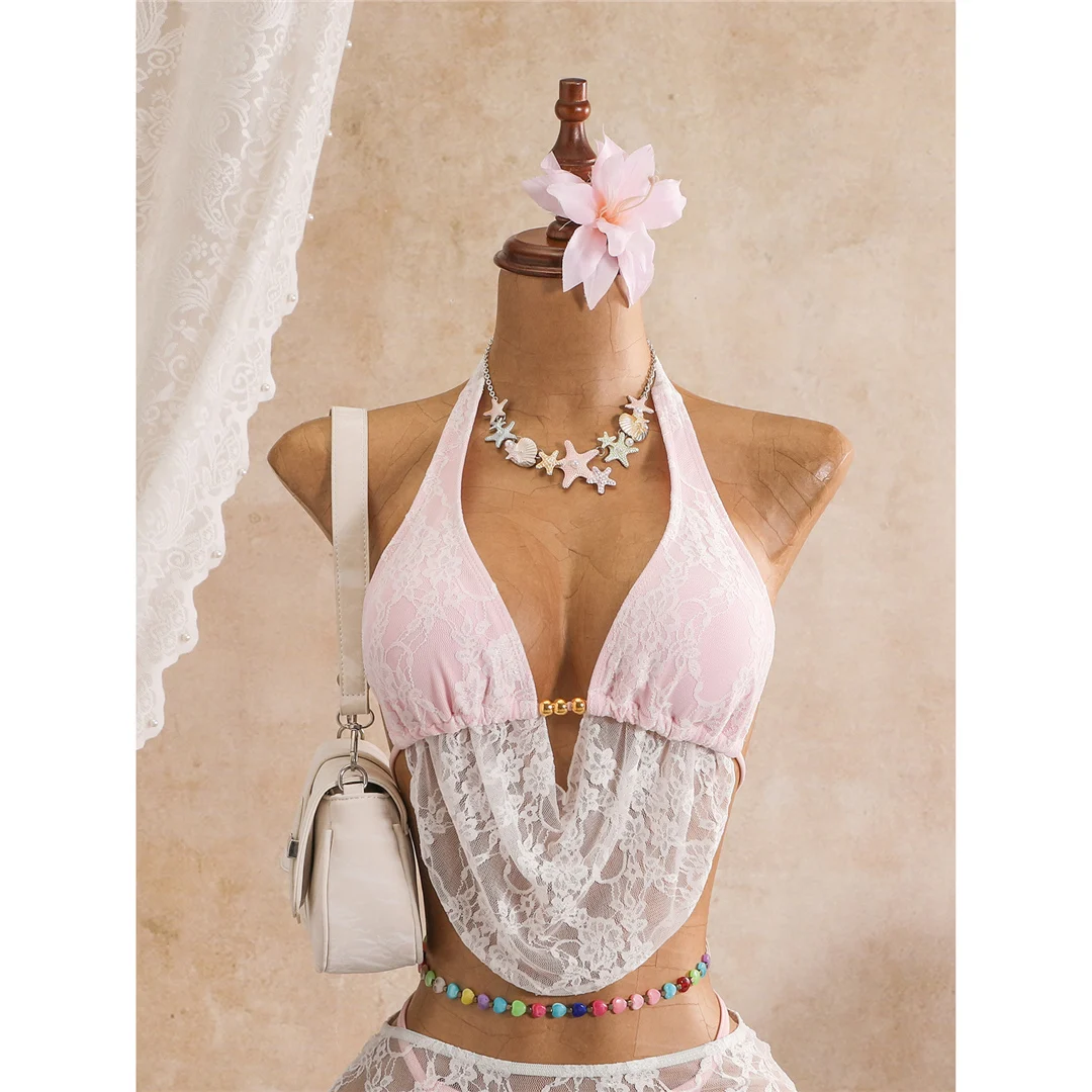 Mit Rock, Spitze, Neckholder-Bikini, Damen-Badeanzug, Damen-Bademode, dreiteiliges Bikini-Set, hoch geschnittene Beine, Badeanzug, Badebekleidung, Schwimmbekleidung V8418 – Detail 15