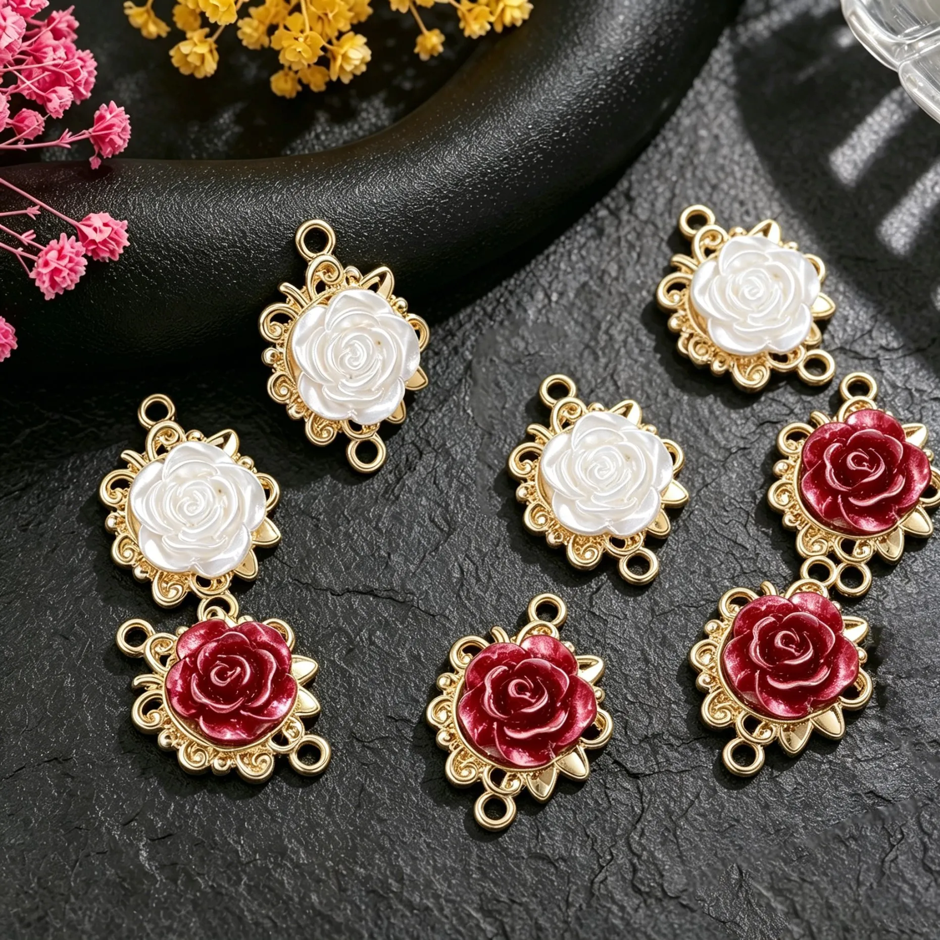 5/10 Stück goldfarbene rote Rosen-Blumen-Anhänger, Verbinder für Schmuckherstellung, Halskette, Armband, DIY-Zubehör, Bastelbedarf – Detail 2