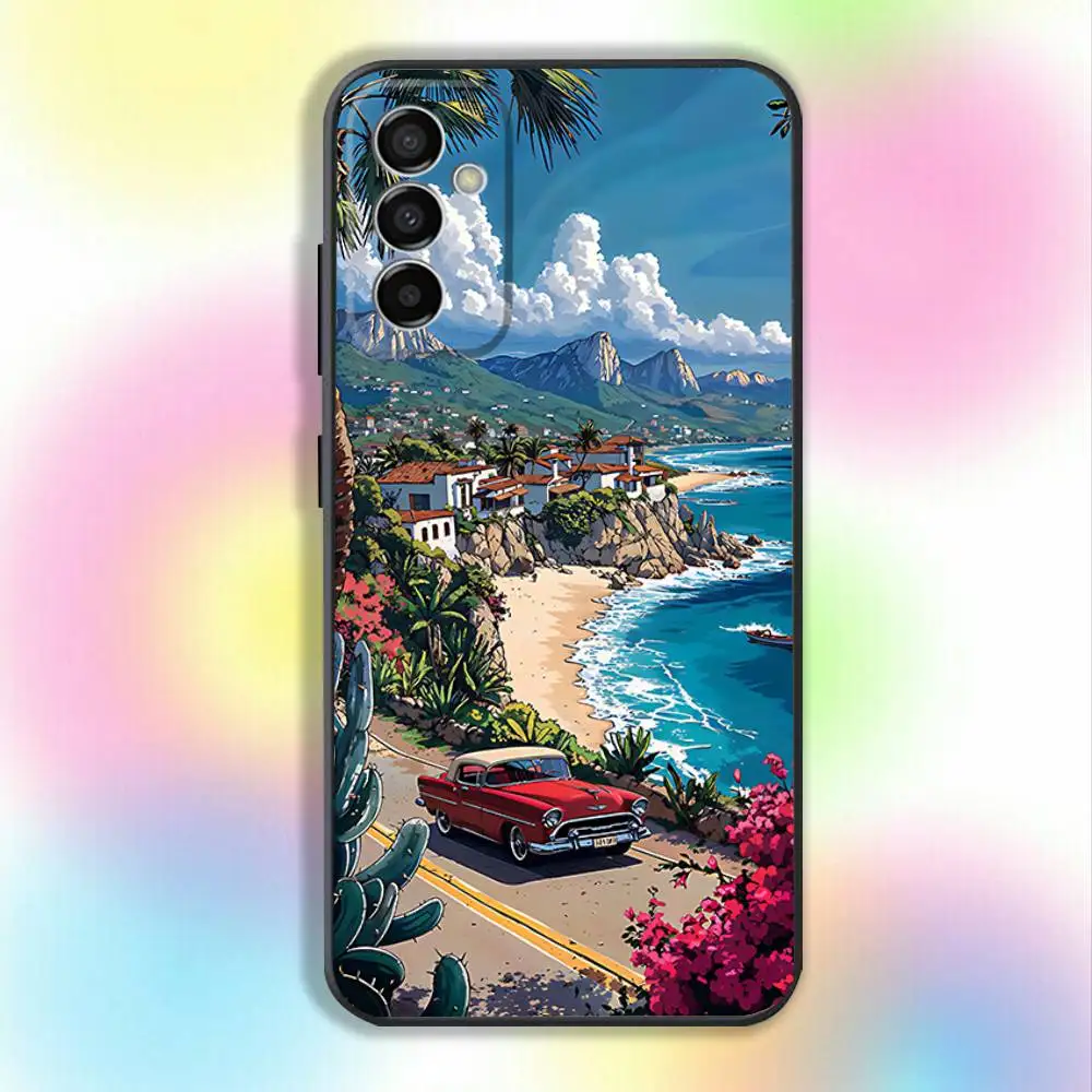 Mar praia árvores paisagem caso de telefone para samsung s25, s24, s21, s22, s23, s30, ultra, s20, plus, fe, lite, nota, 10.9,5g capa preta