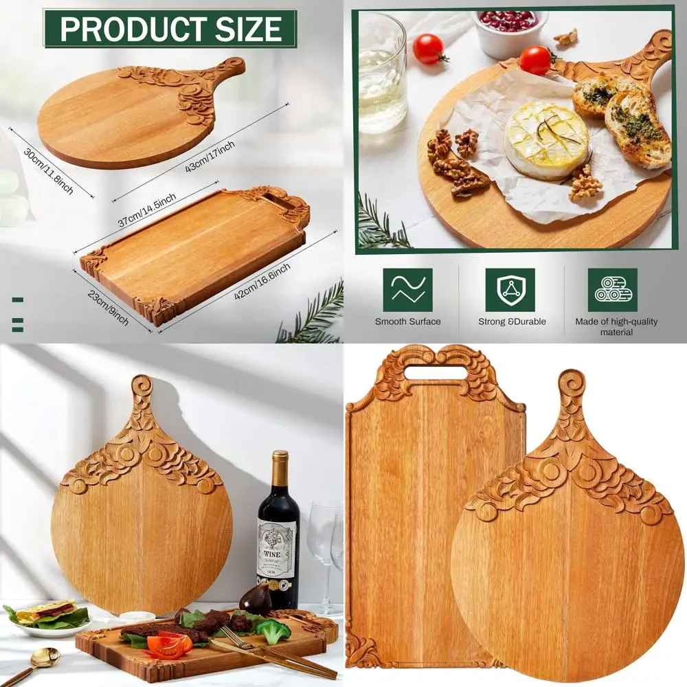 

Large Mango Wood Charcuterie Board Set with Scalloped Edges, Checkered Paddle, and Carving Tools for Meat, Fruit, and Pizza