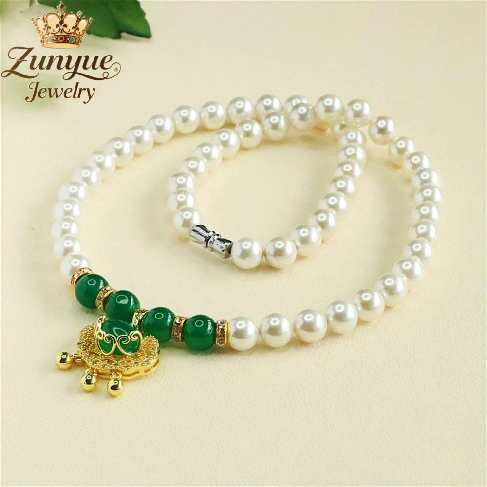العقيق الأخضر الطبيعي Ruyi قفل قلادة و عقد من اللؤلؤ الأبيض جودة فاخرة مجوهرات الأزياء رائعة شعبية سحر هدية