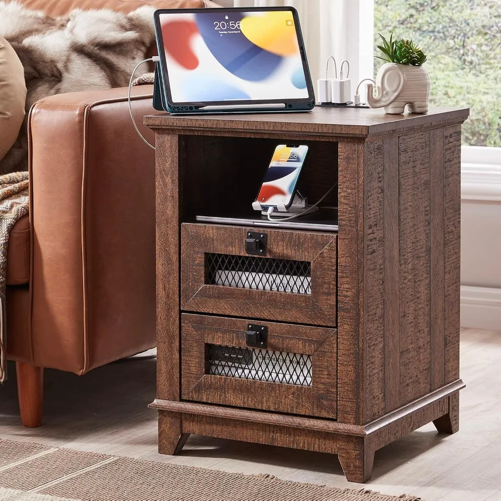 Nightstand with charging station, industrial & farmhouse end table with 2 drawers & open cubby, rustic mesh drawer