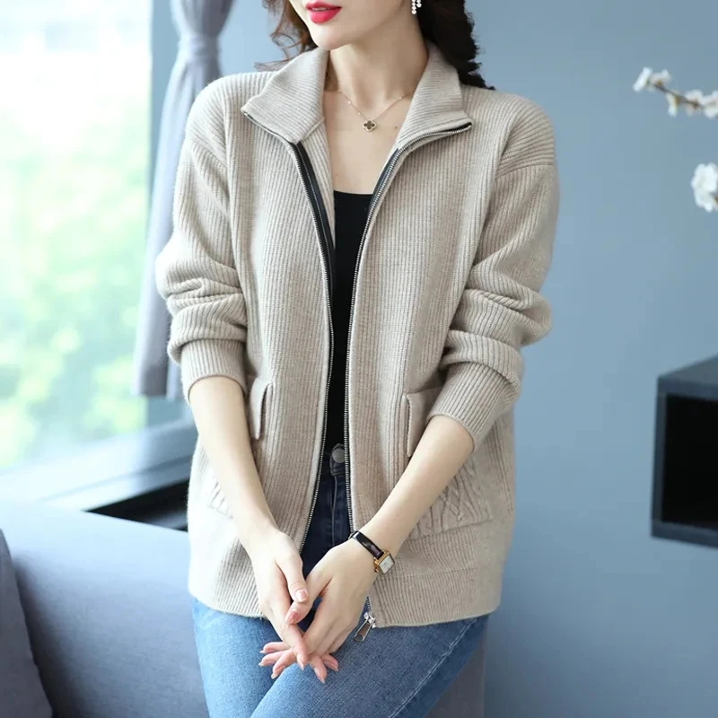 New Spring Autumn Women Knitted Jacket Solid Color Thick Zipper Cardigan Sweater Coat Casual Female Stand Collar Knit Cardigans