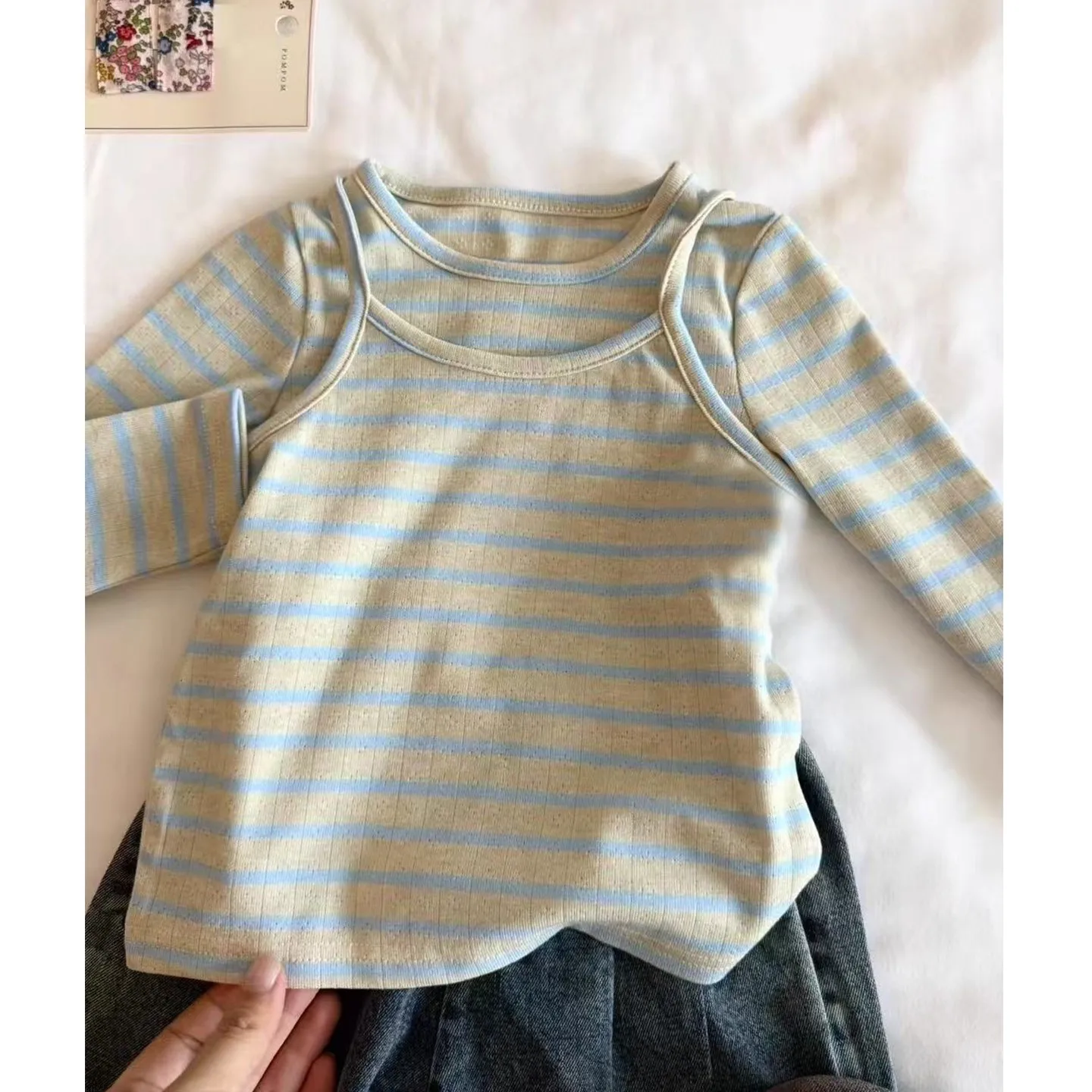 Fashionable Striped Long Sleeve Baby Girl's T-Shirt And Bottom Set Spring Autumn Two-Piece Set Base Shirt Trendy Outfit for Kids