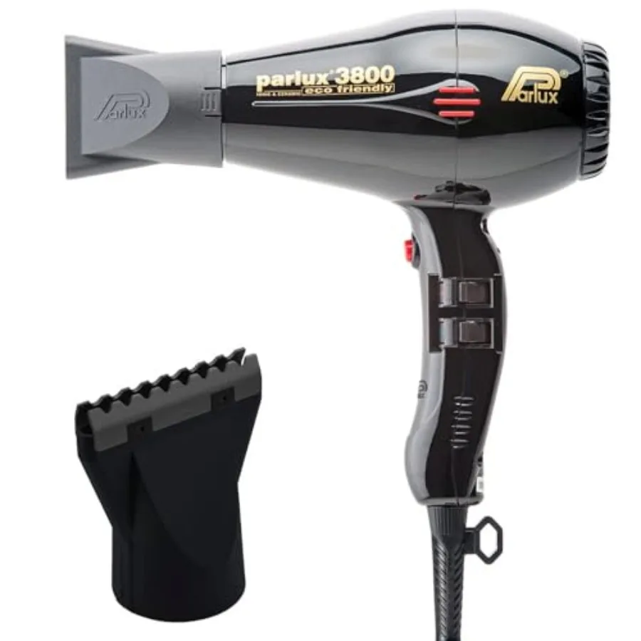 Eco Friendly Ionic Ceramic Black Hair Dryer + Hot Blow Attachment for Fast-Drying Lightweight Frizz-Control Styling with Salon-