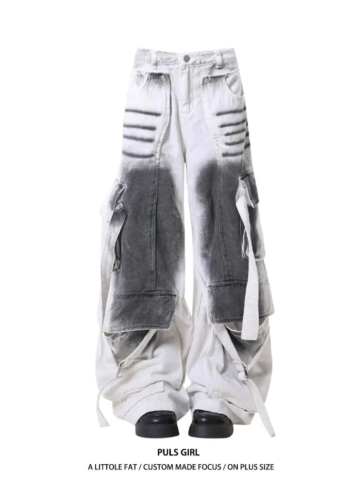 White Baggy Multi Pocket Jeans Women/Men  Cargo Jeans Loose Casual Straight Denim Pants Y2K Wide Leg Floor Pants
