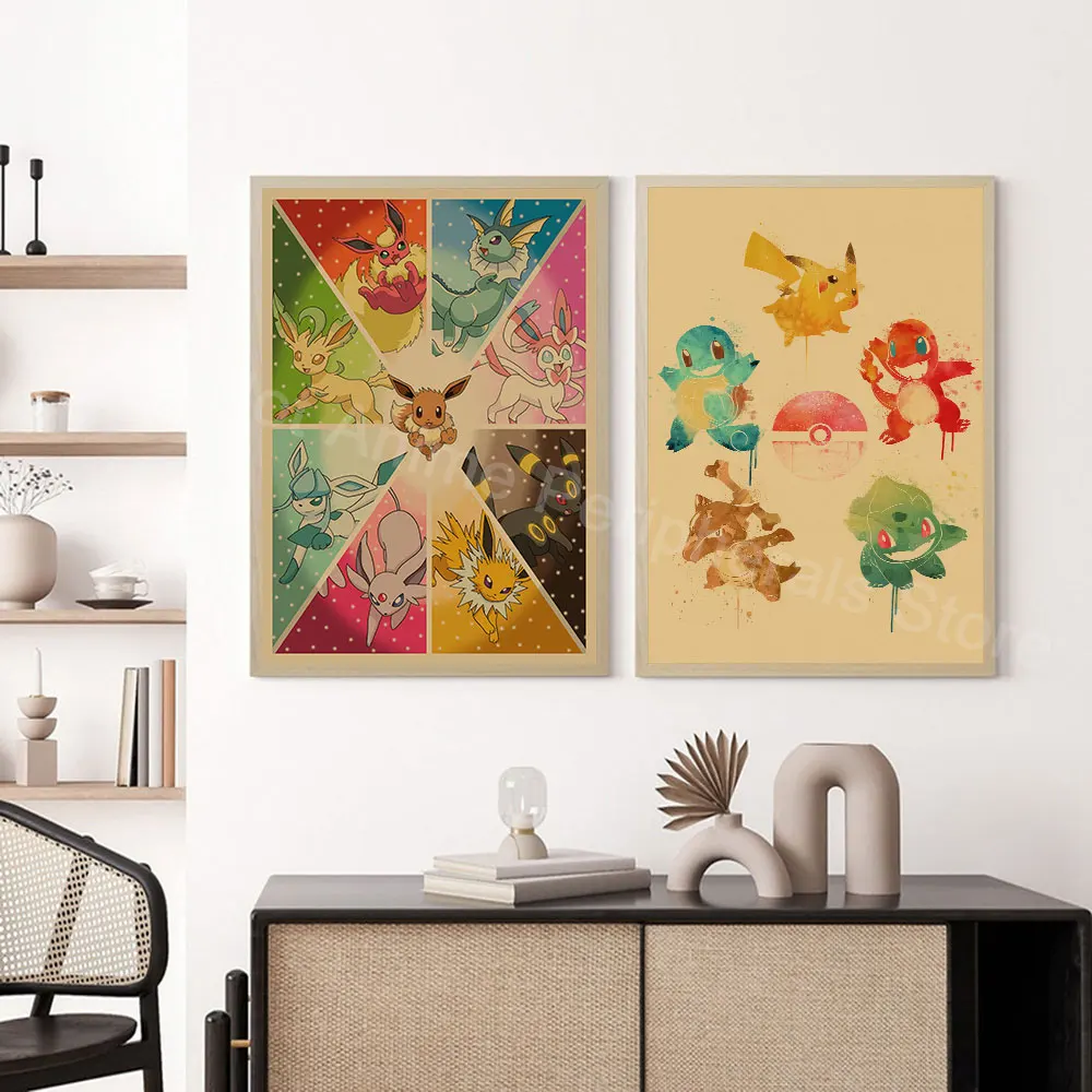 Anime Pokemon alle Charaktere Peripherie geräte Poster Vintage Bild Kunst Wand Pikachu Eeve lutions Leinwand Malerei Geschenk für Kinder