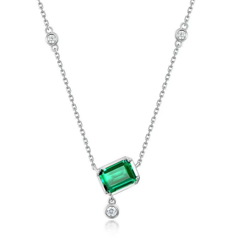 New S925 pure silver geometric emerald color treasure retro necklace European and American light luxury wedding jewelry