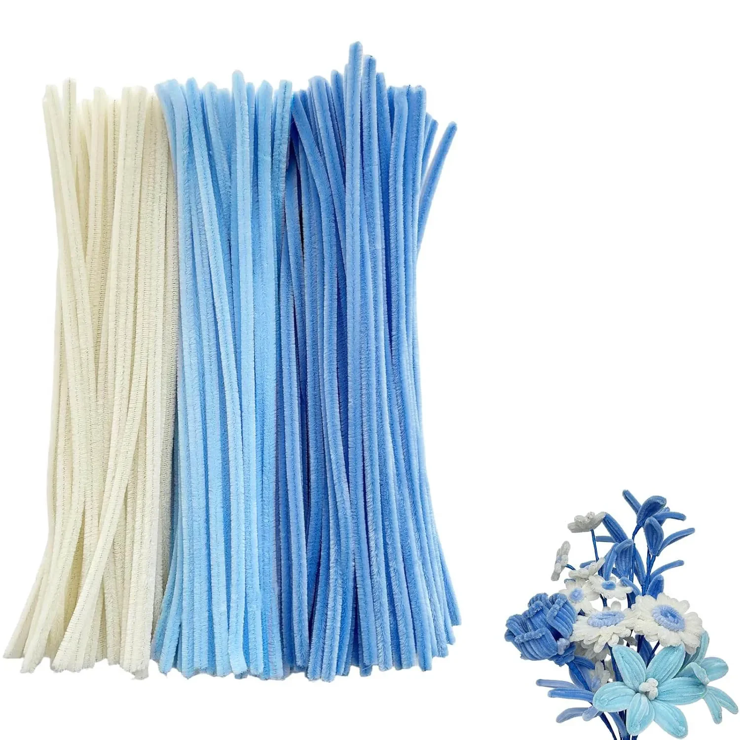 150/161 Pieces Blue and White Pipe Cleaner Flower Set, DIY Craft Set, for Mother's Day, Graduation Ceremony, Valentine's Day