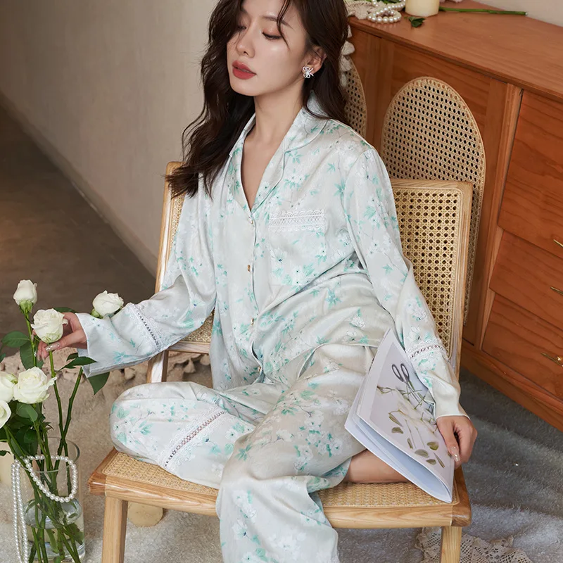 Pyjama en Satin pour Femme et Fille, Ensemble de Salon, Imprimé Floral, Chemise de Nuit