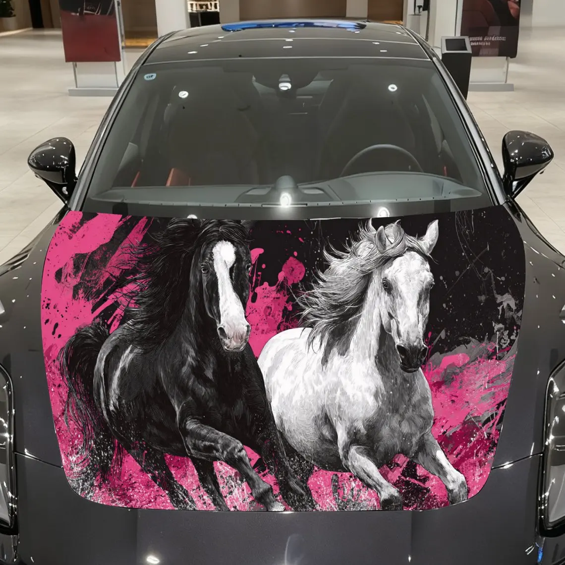 

Pink & Black Galloping Horses Frenzy Car Vinyl Wrap, PVC Material Waterproof Car Hood Sticker, Self-Adhesive Scratch-Resistant S