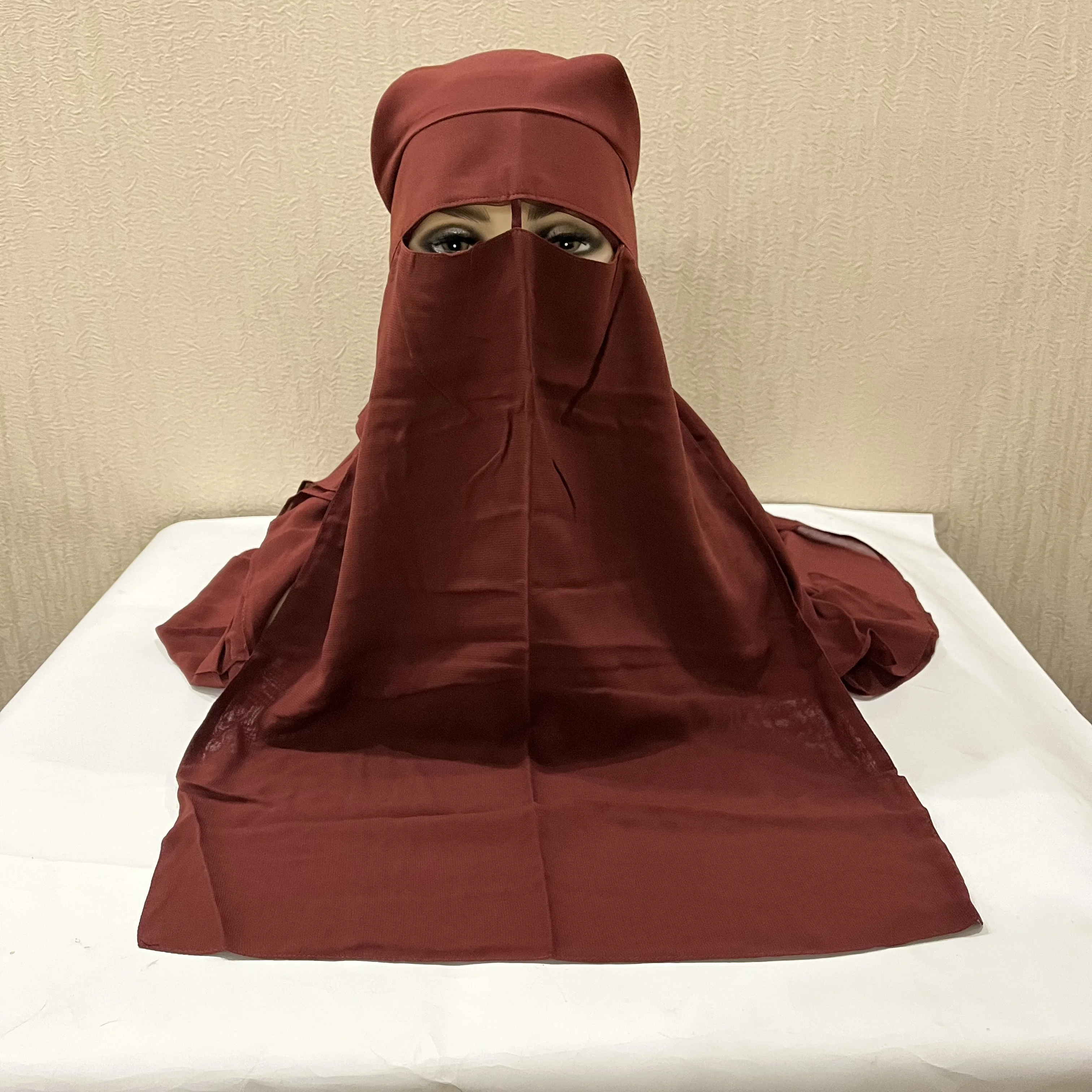 H225 Three Layers Chiffon Fabric Niqab Tie back Face Mask Cover Muslim Hijab Scarf Headscarf Turban Cap Bonnet