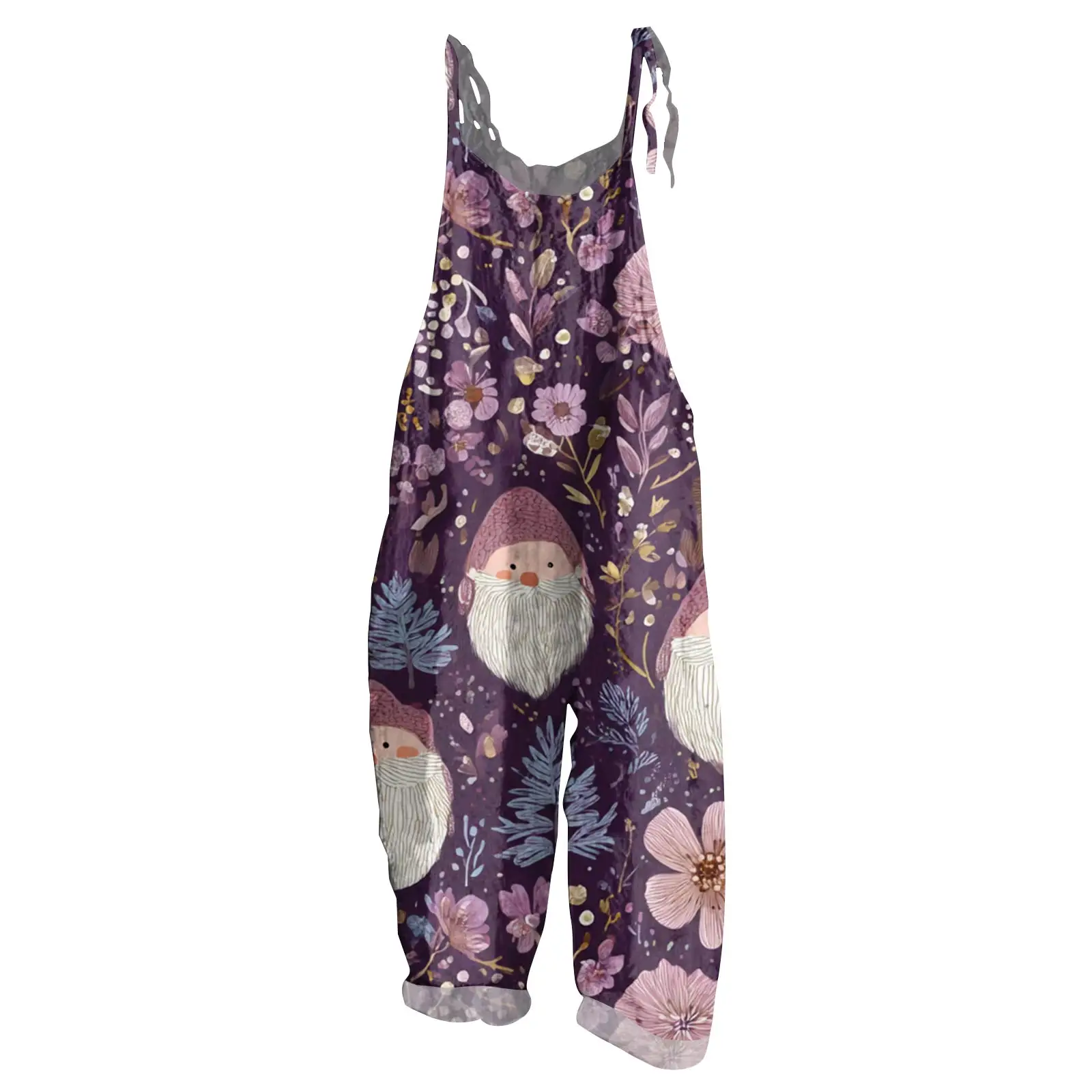 Adorabile tuta con stampa di Babbo Natale tinta unita pantaloni lunghi a gamba larga pantaloni larghi con bretelle vintage abbigliamento per atmosfera natalizia