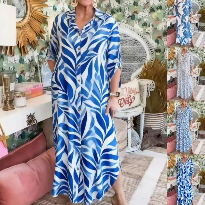 

Spring New Women's Casual Shirts Dress 2026 Loose Fashion Print Lapel Mid-sleeve Large Size Shirt Maxi Dresses For Women Clothes