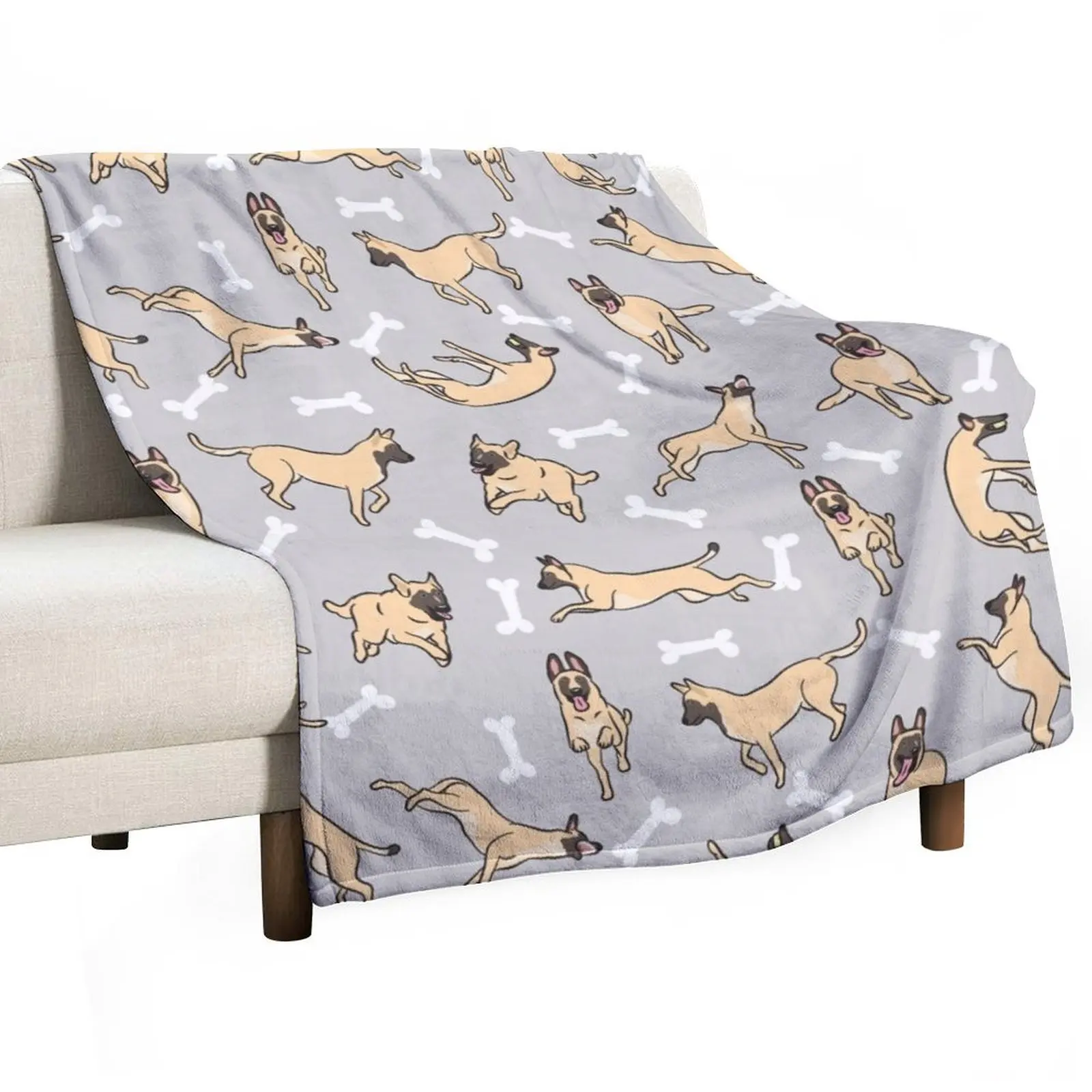 Playing Cream Belgian Malinois - Gray Background Throw Blanket Beautifuls Soft Hairys Blankets