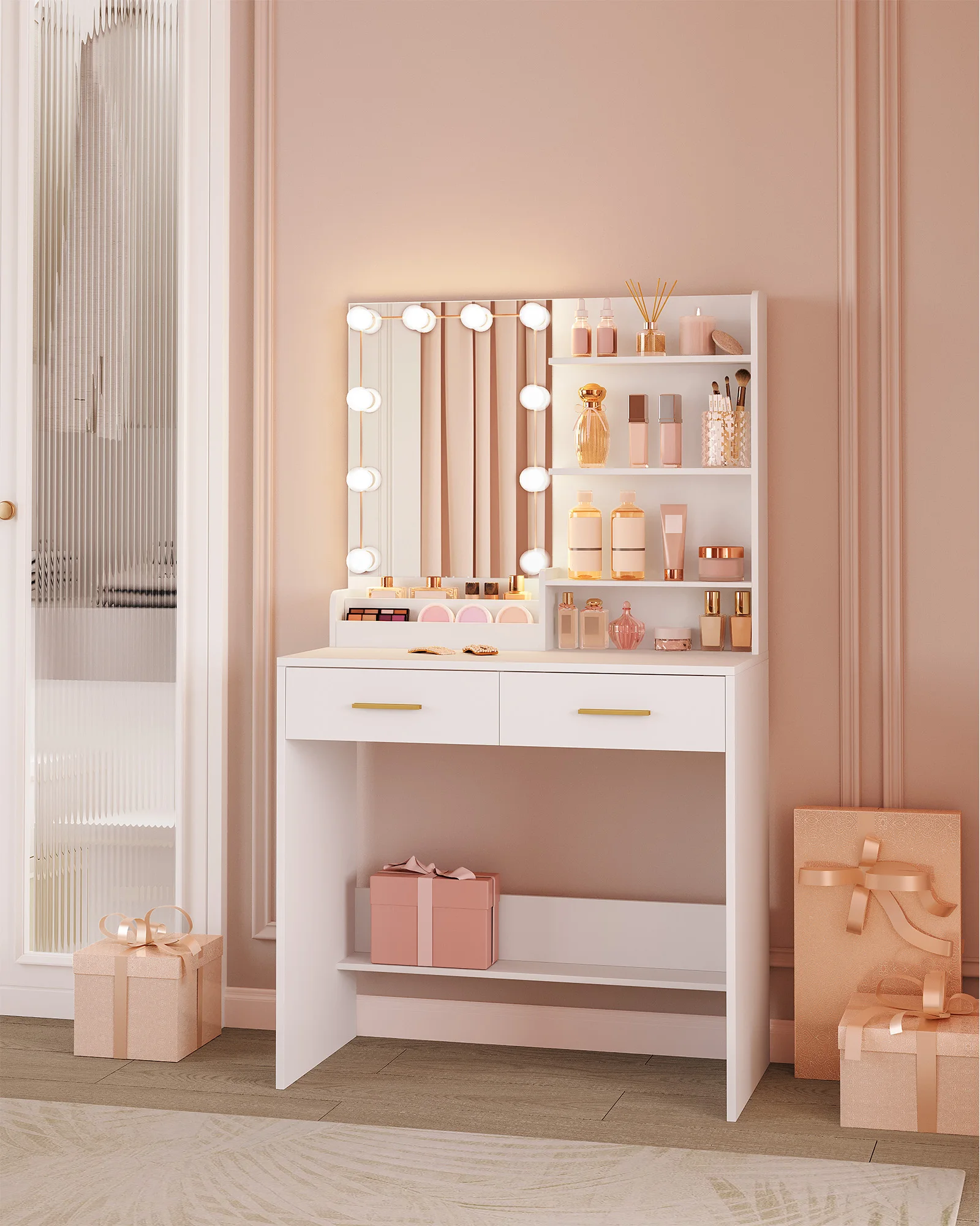 طاولة تزيين هزوانري مع إضاءة LED، سطوع قابل للتعديل، مع مرآة، خزانة ملابس مع درجين، 4 أرفف، مقصورتين