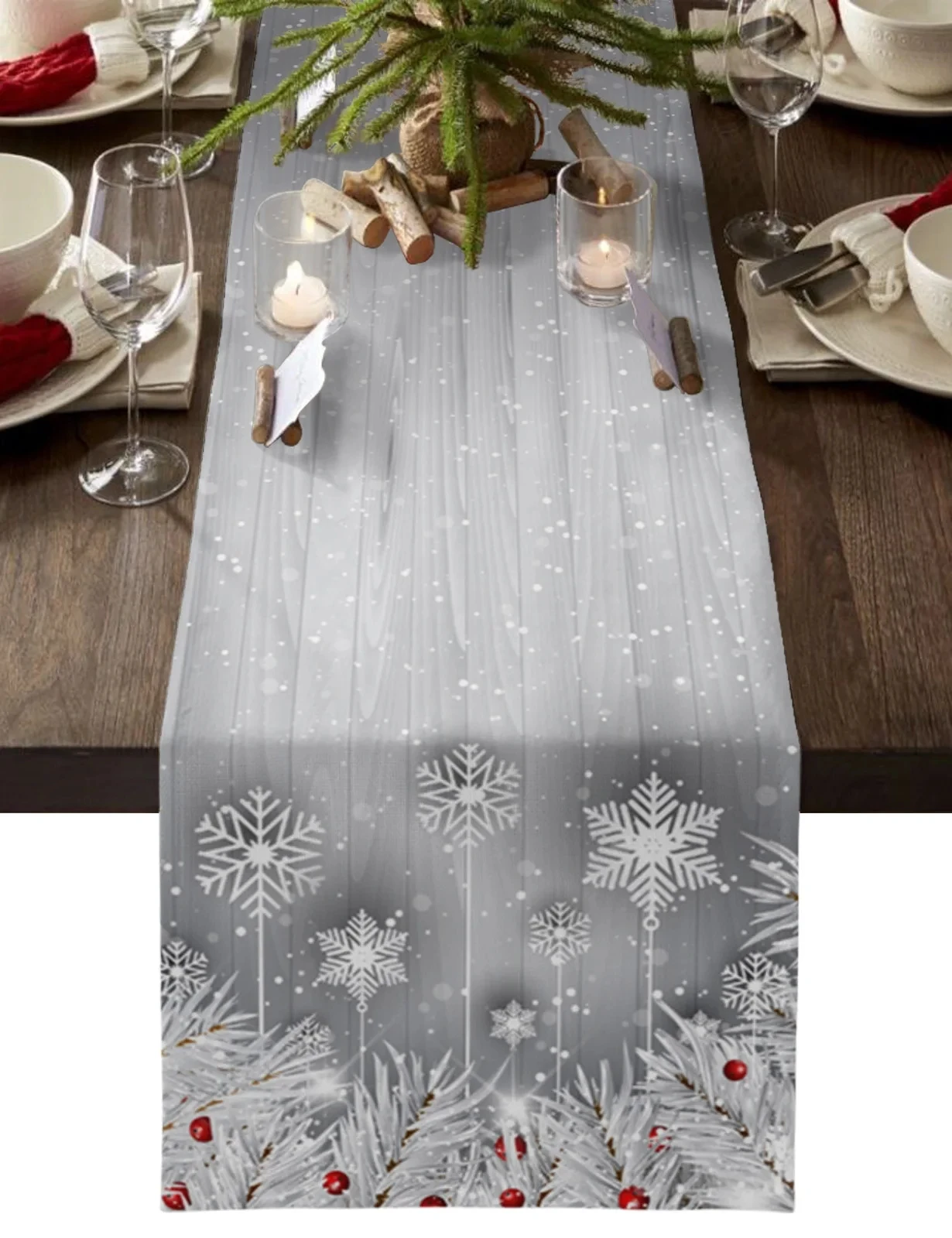 Christmas Pine Needle Snowflake Wood Grain Linen Table Runners Table Decor Winter Xmas Dining Table Runner Christmas Decorations