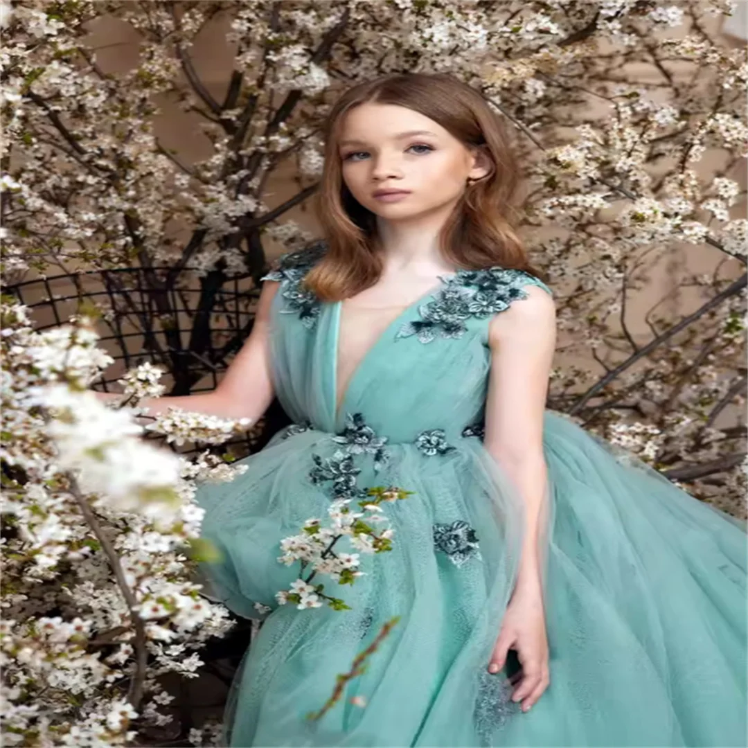 

Flower Girl Dresses Applique For Wedding Lace Tulle Floor Length Kids Princess Pageant Birthday Party Ball Gowns First Communion