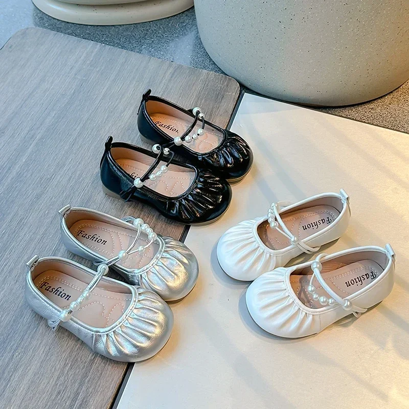 

2025 Multi Colored Girls Leather Shoes Beaded Pleated Slip on Non Slip Soft Sole Autumn PU Casual Leather Shoes Sandalias