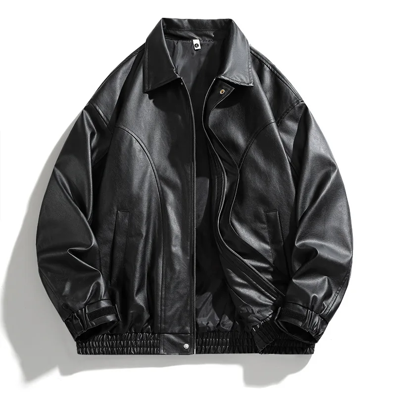 

Men Leather Solid Cardigan Men Faux PU Leather Spliced Zipper Jackets Turn Down Collar Long Sleeve Loose Fit Coat Moto Biker