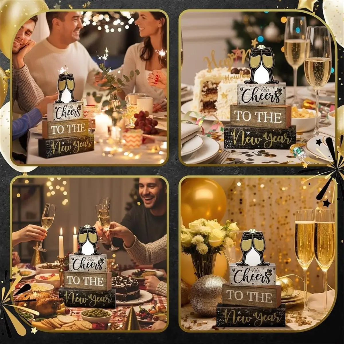 4 Pcs New Year Wooden Block Signs Farmhouse Table Centerpiece Rustic Tiered Tray for Shelf Kitchen Bathroom