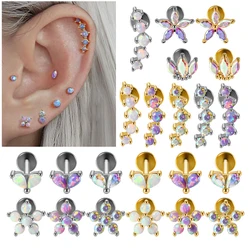 1PC Stainless Steel Opal Flower Ear Tragus Cartilage Piercing Five Prong Opal Cz Crown Labret Ring Lobe Earrings Helix Piercing
