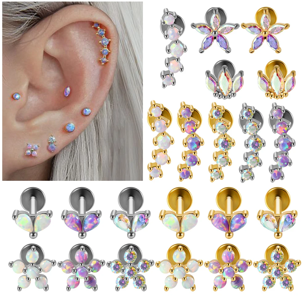 1PC Kolczyk ze stali nierdzewnej Opal Flower Ear Tragus Chrząstka Piercing Five Prong Opal Cz Crown Labret Ring Lobe Earrings Helix Piercing