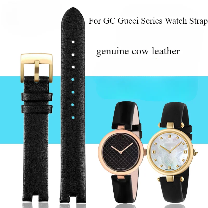 For GC Gucci YA141401 YA141505 Women's Dainty Waterproof Watchbands Genuine Leather Watch Notch Strap Black 12x4 14x4mm