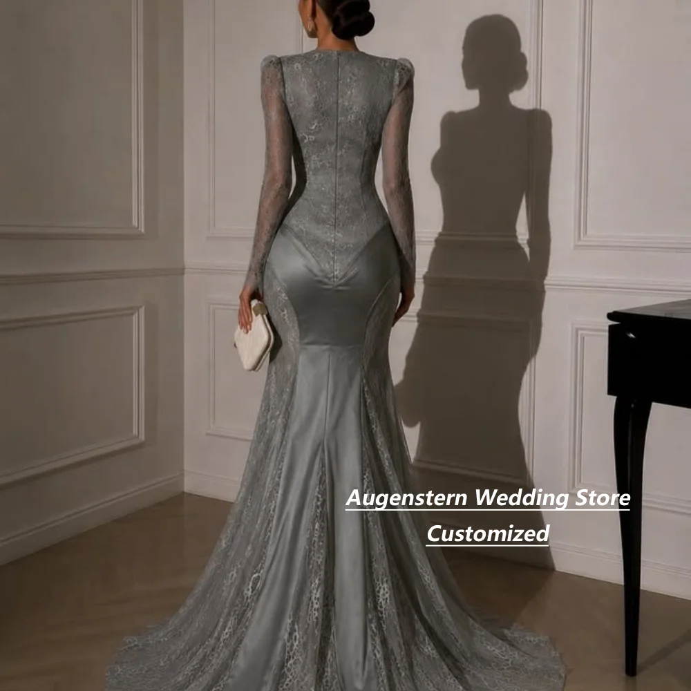 Customized Grey Button Satin Lace Mother Of The Bride Gown Long Sleeve Corset Mermaid Formal Evening Dress With Train