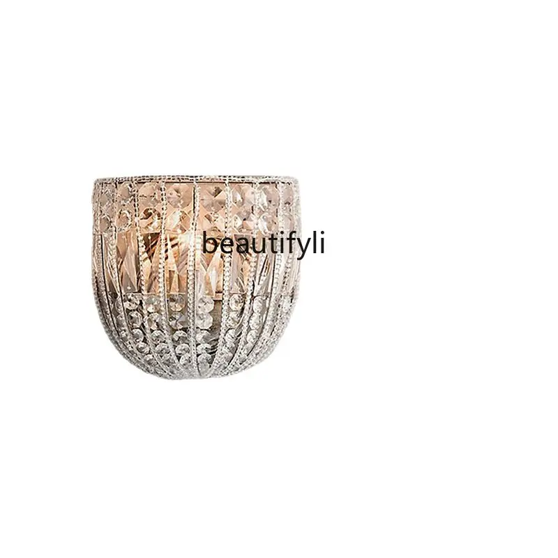 zqFairy Tale Crystal Wall Lamp Copper European Style Living Room Dining Room Bedroom Girl Room Bedside Lamp