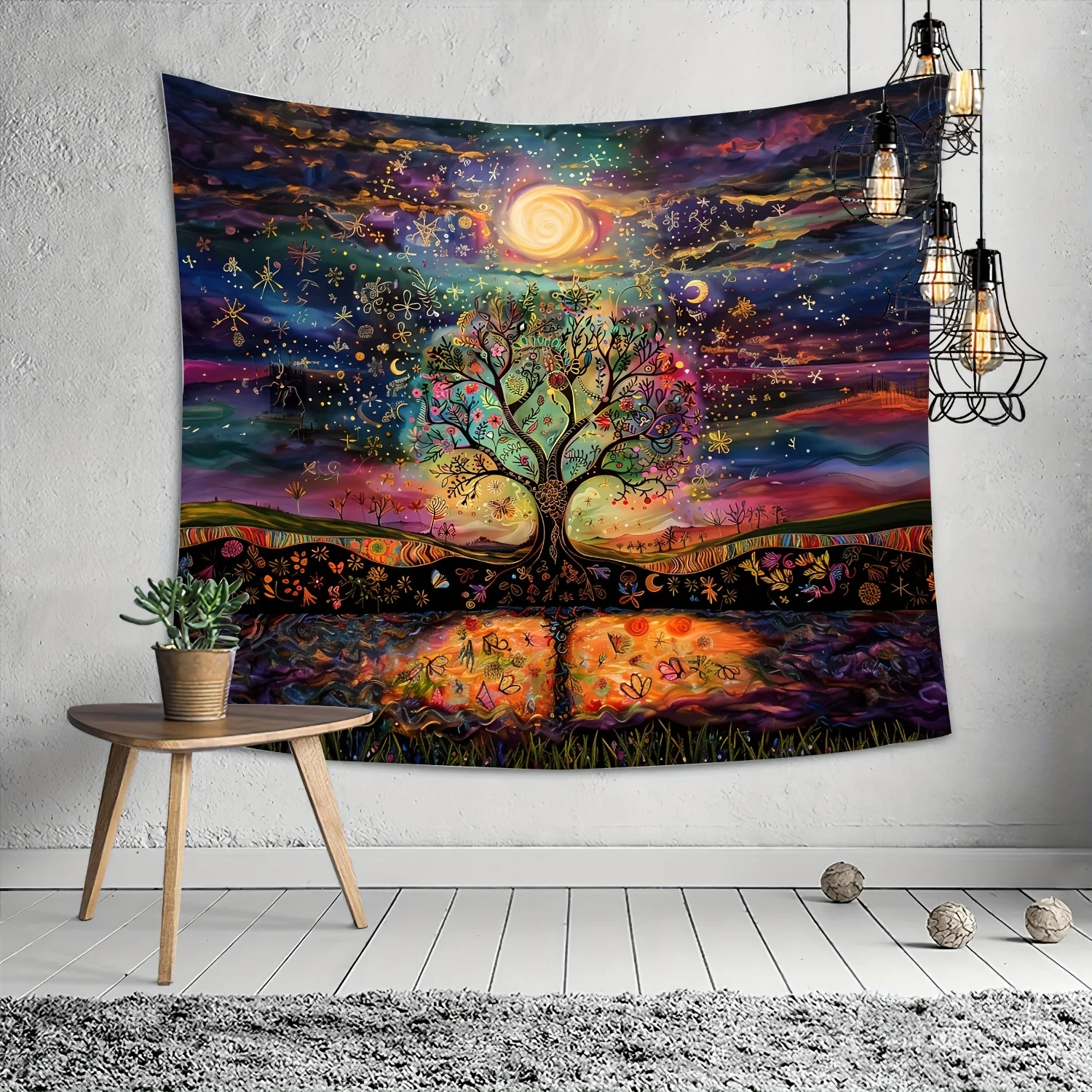 VIKAMA Starry Sky Tree of Life Tapestry Rainbow Gradient Stars Moon and Floral Living Room Feature Wall Room Decor