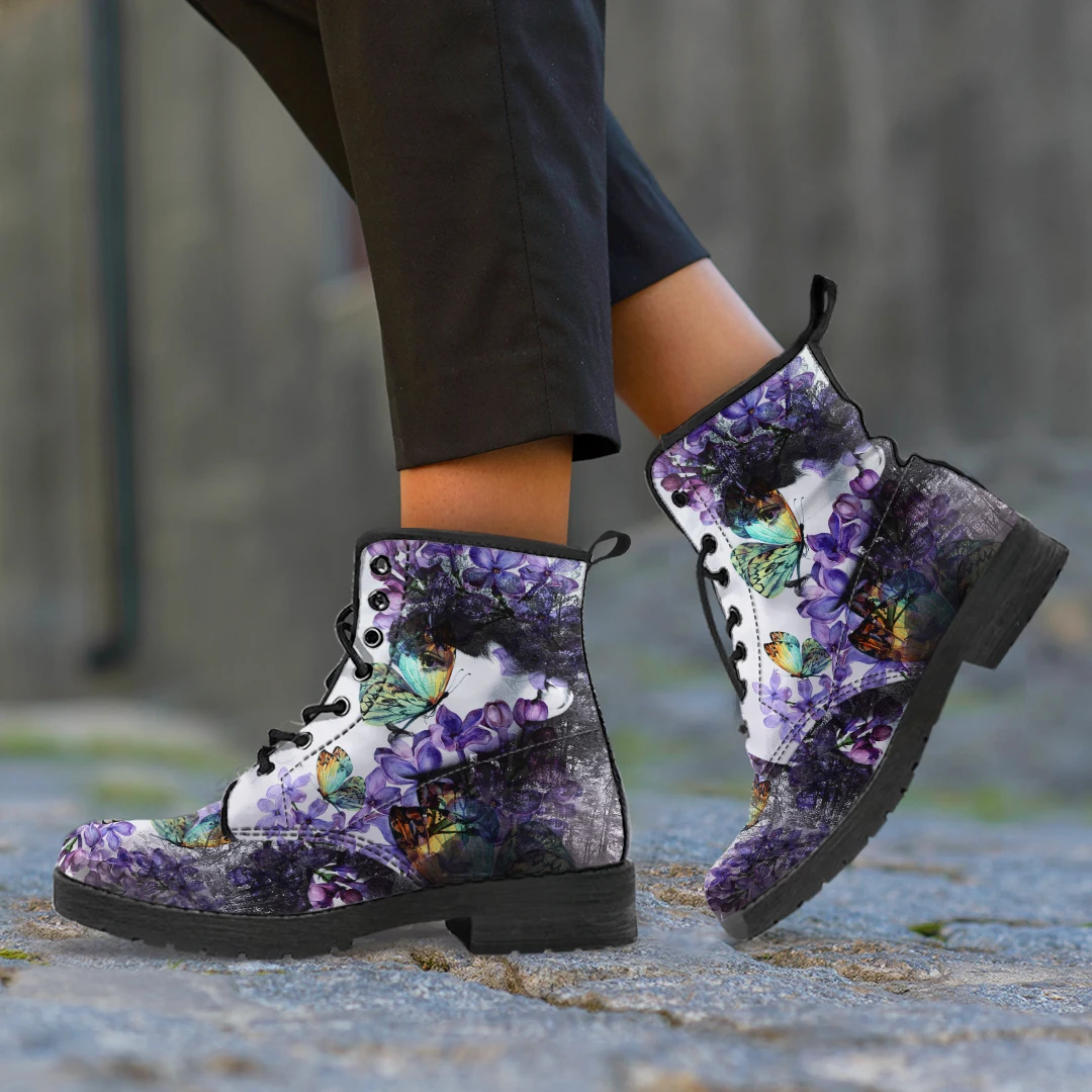 Fashion Flower Butterfly Print Women Ankle Boots Four Season Casual Ankle for Female All-match Ruber Sole Ladies Booties Street