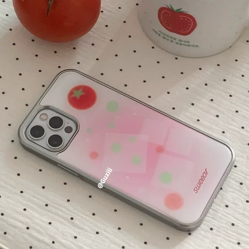 Coque de téléphone coréenne 3D motif tomate rose scintillante pour iPhone 17 AIR 16 15 14 13 12 11 PRO MAX PLUS, anti-chute