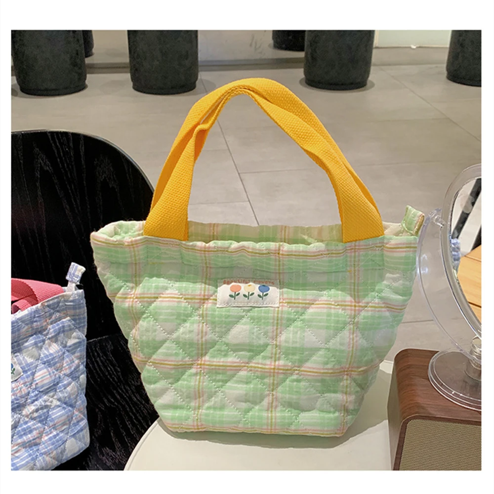 Plaid Lunch Bag Women Thermal Big Capacity Drawstring Lunch Box Tote Food Bags Office Worker Portable Insulated Food Storage Bag