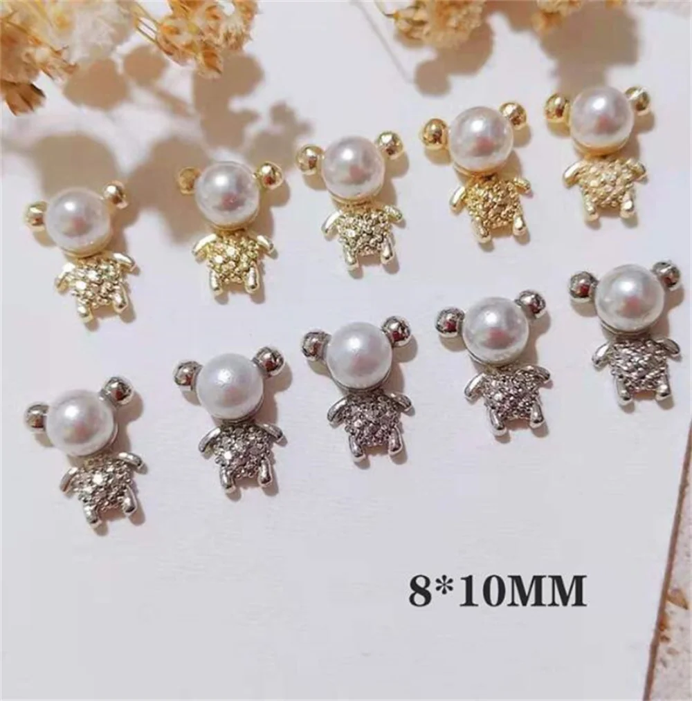 50PCS Cute Gold/Silver Pearl Bear Nail Charm,Shining Crystals Bear Nail Kawaii Design Jewelry DIY Charms Manicure Accessories