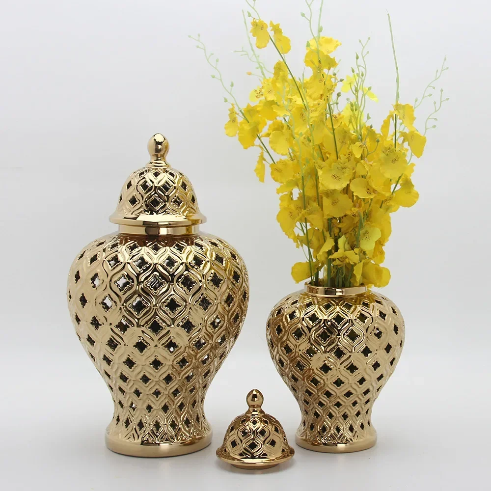 Handmade Ceramics Hollow Out General Jar Candy Jar Storage Tank Gold Silver Art Decorative Jar Vase Home Living Room Decoration